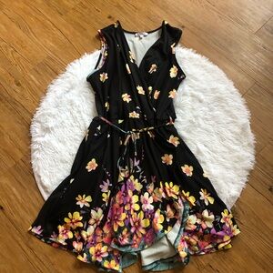 Black Floral Wrap Style Romper Dress with Yellow & Pink Blossoms